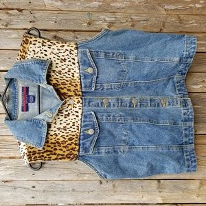 FAB 80s SIZE LARGE 40 BUST Vintage FO LEOPARD FUR TRIM JEAN VEST CHANDARA SPORT